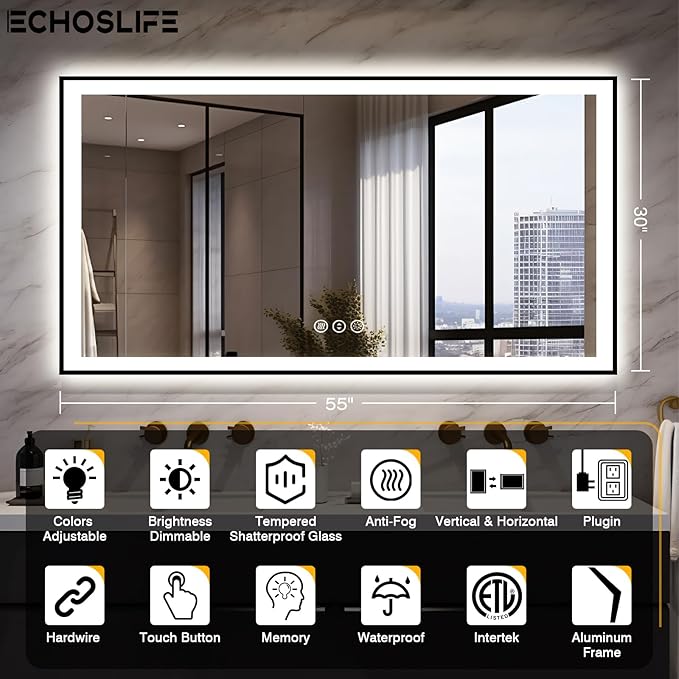 55x30 LED Bathroom Mirrors for Wall -Black Aluminum Framed (Front and Backlit), Anti-Fog Vanity Mirror With Lights,Stepless Dimmable Lighted Mirror,3 Colors Smart Mirror(Horizontal/Vertical)