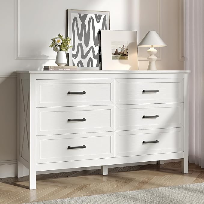 Farmhouse 6 Drawers Dresser for Bedroom, Wood Rustic Wide Chest with Natural Texture, Storage Dressers Organizer for Bedroom, Hallway, Entryway, White