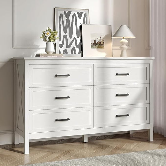 Farmhouse 6 Drawers Dresser for Bedroom, Wood Rustic Wide Chest with Natural Texture, Storage Dressers Organizer for Bedroom, Hallway, Entryway, White