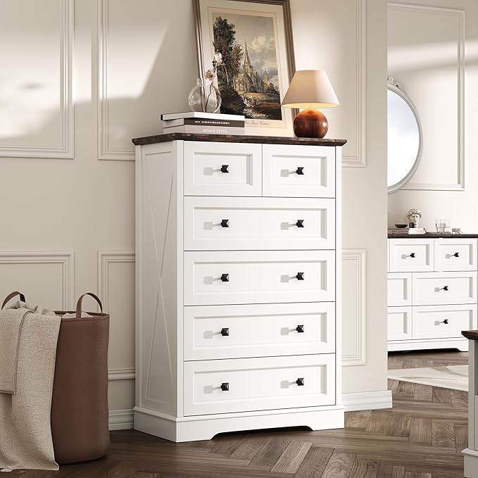 Farmhouse 6 Drawers Dresser Chests for Bedroom, White 6 Chest of Drawers, Wood Dressers Organizer for Closet, Modern Storage Organizer Cabinet for Bedroom,Living Room,Hallway & Entryway