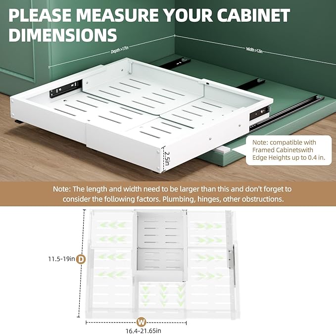 2 Pack Expandable Pull Out Cabinet Organizer, Width (12"-19" ) & Depth (16.5"-22")No Drill Adjustable Cabinet Pull Out Shelves for Kitchen,Pantry, Adhesive Roll Out Shelves for Kitchen Cabinets-White