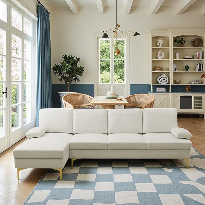 L Shape Sofa with Chaise, 4 Seat Living Room Sofa Set with Golden Wooden Leg, Sectional Couch with Fluffy Fabric, for Living Room, Apartment, Off-White