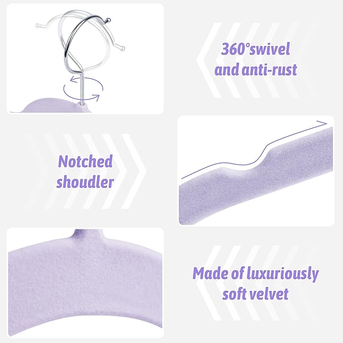 Velvet Hangers 50 Pack – Slim Non-Slip Flocked Hangers with 360° Swivel Hook, Space-Saving Closet Organizer for Dresses, Coats, Blouses(Purple)