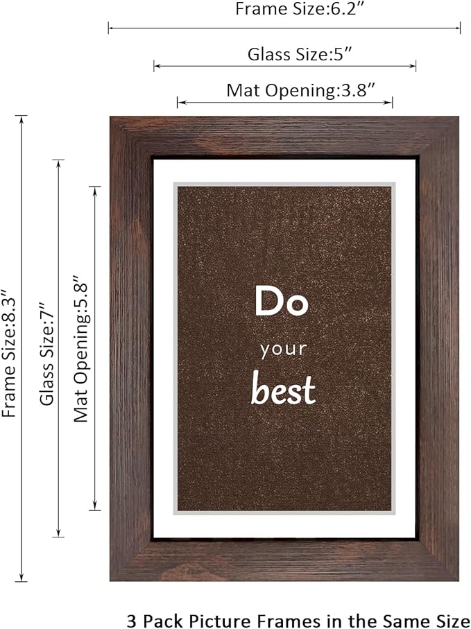 5x7 Walnut Picture Frame Set of 3 with Real Glass for Pictures 4x6 with Mat or 5x7 Without Mat, Wall or Tabletop Gallery Photo Frames