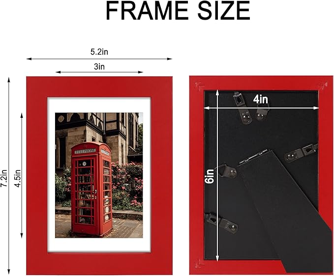 4x6 Picture Frame Set of 4, High Definition Real Glass, Display Pictures 3.5x5 with Mat or 4x6 Without Mat, Gallery Wall Hanging or Tabletop Photo Frames, Red