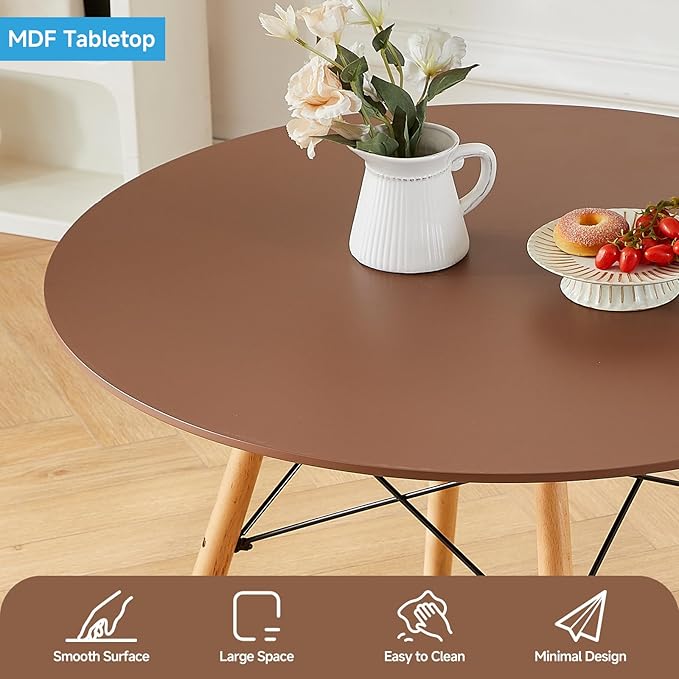 Round Dining Table Set for 4 31.5" Wood Dinner Table Circle Dining Table Kitchen Table Chairs Set of 4 with Wood Strip Base for Kitchen Living Room Space Saving Apartment(Brown)
