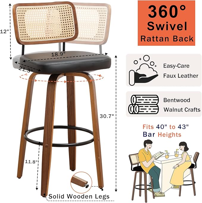Bar Stools Set of 2 - 30 inch Rattan Swivel Bar Stools with Walnut Craftsmanship, Curved Rattan Back, Upholstered Seat, Mid Century Modern BarStools for Bar/ Pub/Island/Cafe (30" Seat Height, Black)