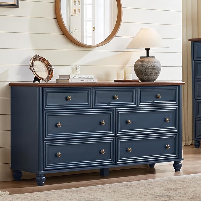 7 Drawers Dresser for Bedroom, Farmhouse 54" Wide Wood Dressers Chest of Drawers, Vintage Design TV Stand, Rustic Storage Dresser Organizer with Metal Handle Closet for Living Room, Hallway