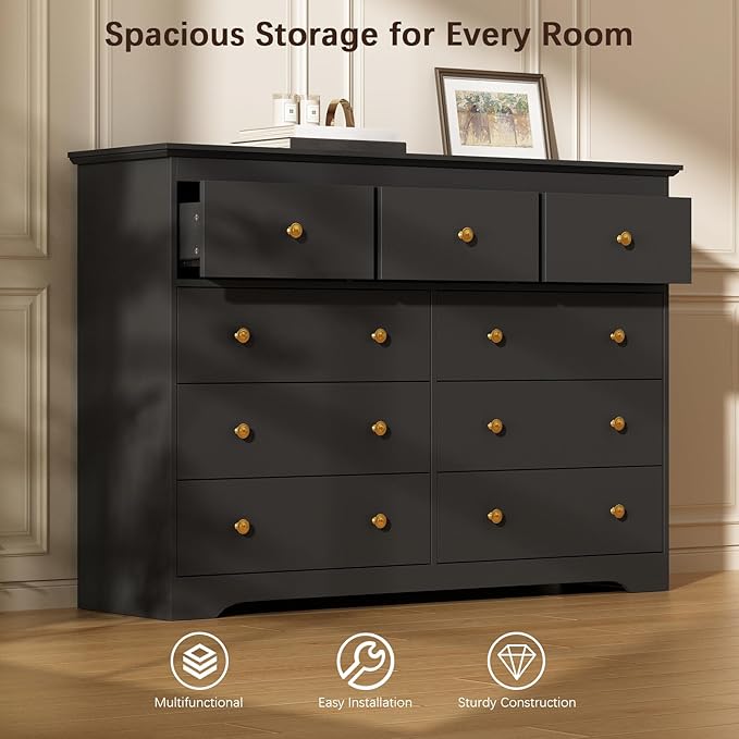LYNSOM Modern 9 Drawer Dresser, 55.1" Wide Dressers & Chests of Drawers with Large Capacity Storage, Mid Century Black Dresser for Bedroom, Hallway, Black