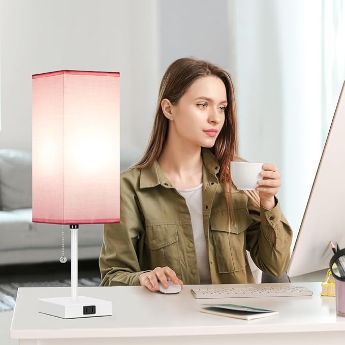 Table Lamp for Bedroom set of 2,3-Color Bedside Lamps with Pull Chain Table Lamps for Nightstand with AC Outlets,18'' Night Light Lamps with 2 Bulbs Lamps for Living Room Kids Office Decor（White-pink）