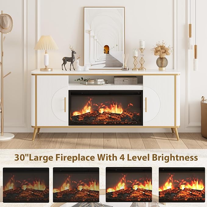 Fluted Fireplace TV Stand Up to 80" TVs, Modern Entertainment Center with 30" Electric Fireplace, Luxury Media Console with Adjustable Shelves for Living Room, White