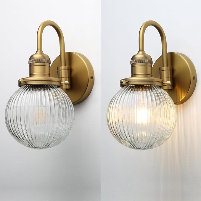 Industrial Vintage Gooseneck 1-Light Wall Sconce with 5.9" Round Ribbed Clear Glass Globe Lampshade Indoor Wall Mounted Lamp Fixture for Bedroom Living Room Bathroom Vanity