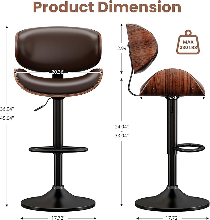 Swivel Bar Stools Set of 2, Modern PU Leather Adjustable Counter Stool, Barstool with Back and Footrest for Home Kitchen Island, Brown