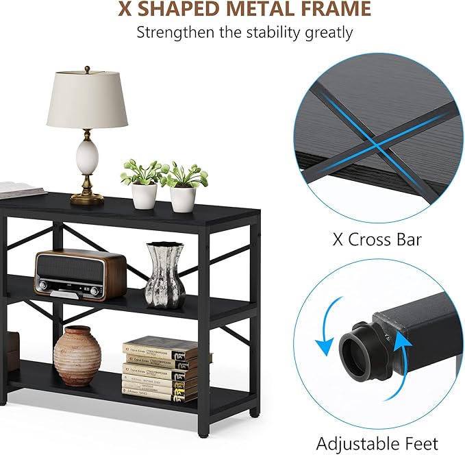 Tribesigns 70.9 Inch Extra Long Console Table, Modern Sofa Table Behind Couch Table with Storage Shelves, 3-Tier Industrial Hallway Entryway Table for Living Room, 3 Shelf Bookshelf(Black)