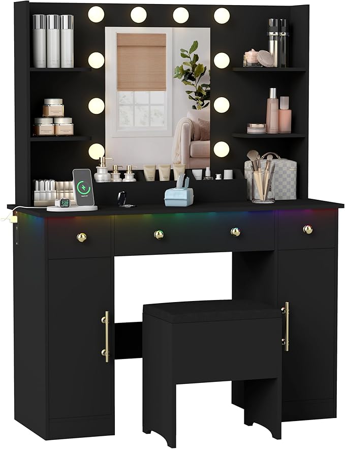 Makeup Vanity Desk with Mirror and Lights, 43" Black Vanity Set with Chair, 3 Drawers, Power Outlet & Adjustable RGB LED Lights, Dressing Table with Storage Shelf for Women & Girls Bedroom