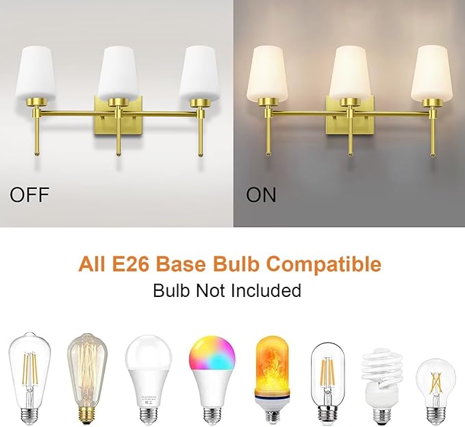 Bathroom Vanity Light Fixtures Brushed Brass Over Mirror with Milk Glass Shade Wall Sconce Lighting Lamp Bath 3-Lights (Exclude E26 Bulb)