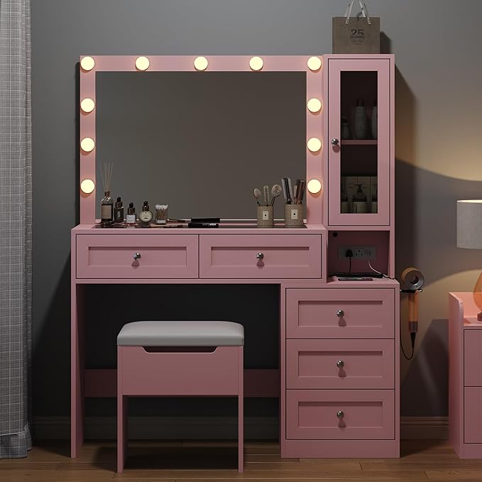 43" W Vanity Desk with Mirror & 11 Lights, 5 Drawer Modern Makeup Desk with Glass top & Cushioned Stool, 3 Lighting Modes Brightness Adjustable,Power Outlet,Bedroom，Pink