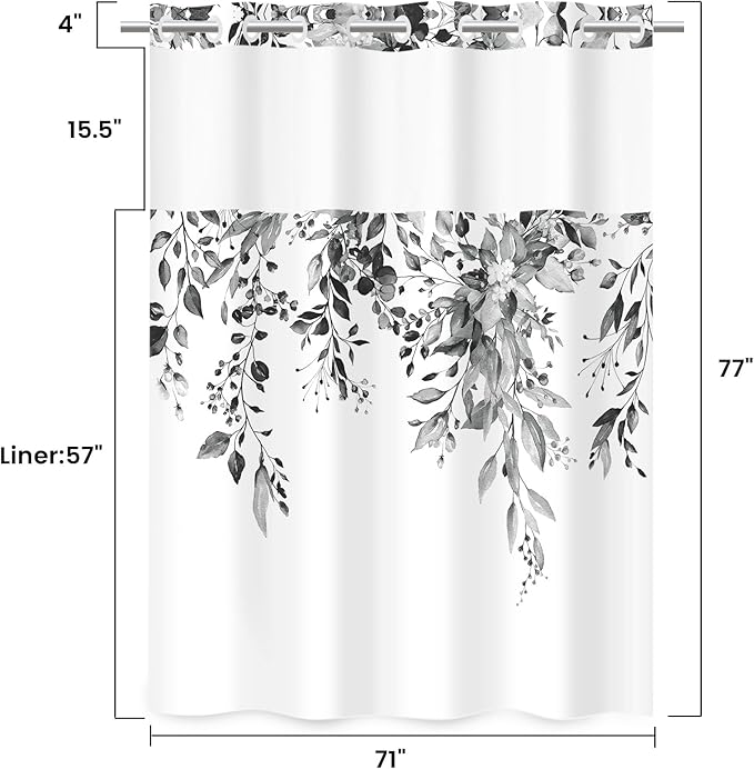 No Hook Shower Curtain with Snap in Liner - Eucalyptus Shower Curtain - Washable Waterproof Inner Liner, Plants Black Leaves Modern Shower Curtains - Machine Washable, 71 x 77