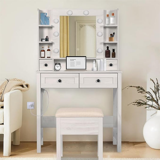 MISHAO Vanity Desk with Mirror and Lights, 31.4" Makeup Vanity with Power Strip, Dressing Table Set with 2 Large Drawers & Storage Stool,Vanity Mirror 3 Lighting Color Adjustable, Oak White