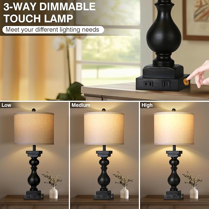 28" Tall Farmhouse Table Lamps Set of 2 with USB C+A Ports and AC Outlet, 3 Way Touch Tall Rustic Bedside Lamps for Living Room, Black Vintage Lamps for Bedroom Nightstand