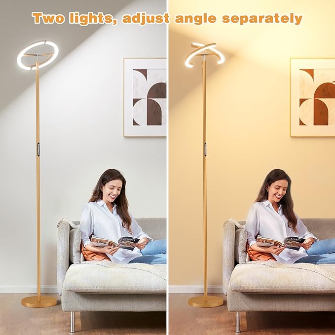 LED Floor Lamp - 70" Tall Modern Standing Lamp with 2 Rotatable Lights, Remote & Touch Control, 24W Bright Stepless Dimmable, Ideal for Living Room Bedroom Office(Gold)