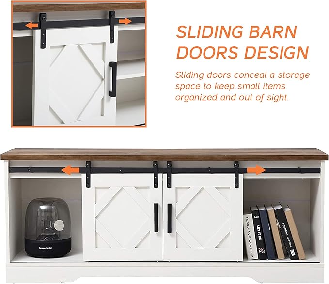 WAMPAT Farmhouse Sliding Barn Door TV Stand for TVs Up to 65 inch, Modern Storage Entertainment Center, Wood Media Console Table Cabinet 3-Level Adjustable Shelf for Living Room, White/Oak