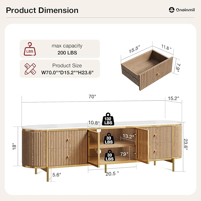 Luxury 70" Fluted TV Stand for TVs Up to 75", Modern Entertainment Center with Faux Marble Top, Media Console with Curved Profile Design, Television Stands for Living Room, Wood