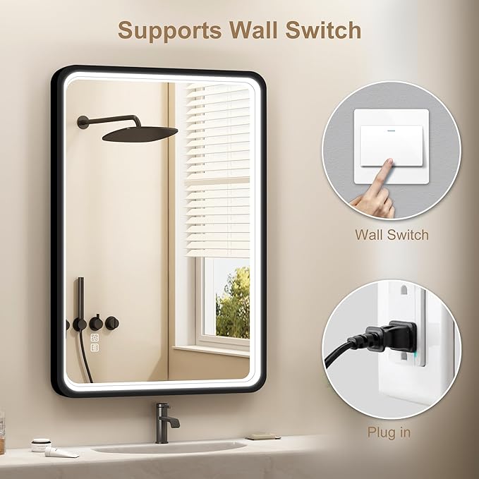 LED-Bathroom-Mirror-with-Lights, 24"x32" Wall-Mounted with Anti-Fog, 3 Colors Dimmable Light, Waterproof, Tempered Glass, Black Framed