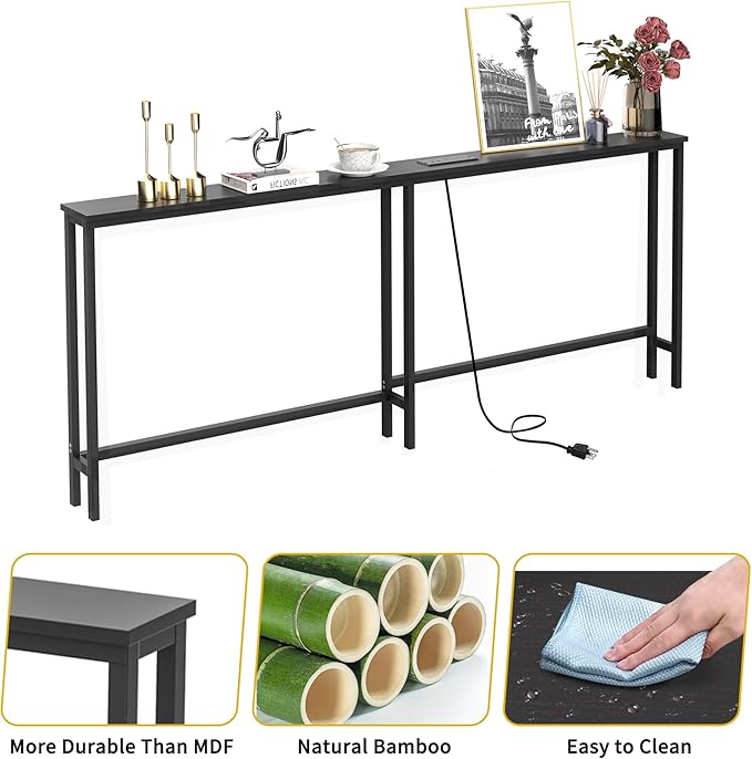 VASMIA 70.9 Inch Narrow Console Table with Outlet,Bamboo Sofa Table,Behind Couch Table,Skinny Hallway Table for Entryway Living Room,Foyer,Black
