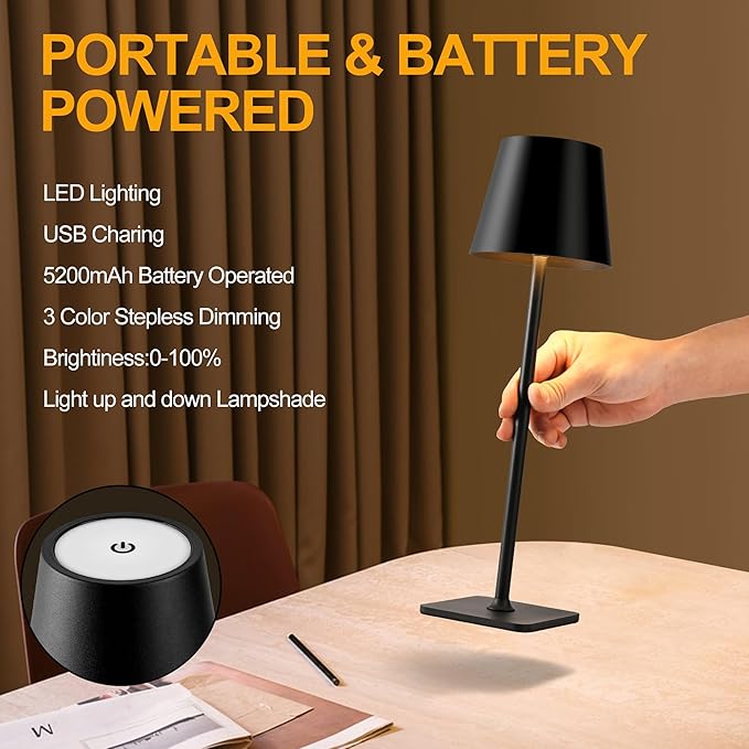 Cordless Table Lamps Rechargeable, Adjustable Height, 5200mAh Battery Operated Lamp, 3 Color Stepless Dimming Up, Outdoor Table Lamps for Dining, Bedroom, Outdoor (2 Pack)