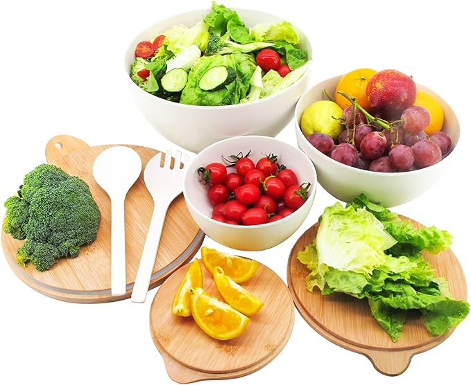 Salad Bowls Set of 3 with Seal Lid & Serving Utensils, Bamboo Fiber Mixing Bowls Set Large Serving Bowls & Storage Set with Bamboo Lid for Salad, Kitchen Eating, Pasta, Popcorn, Fruit, White