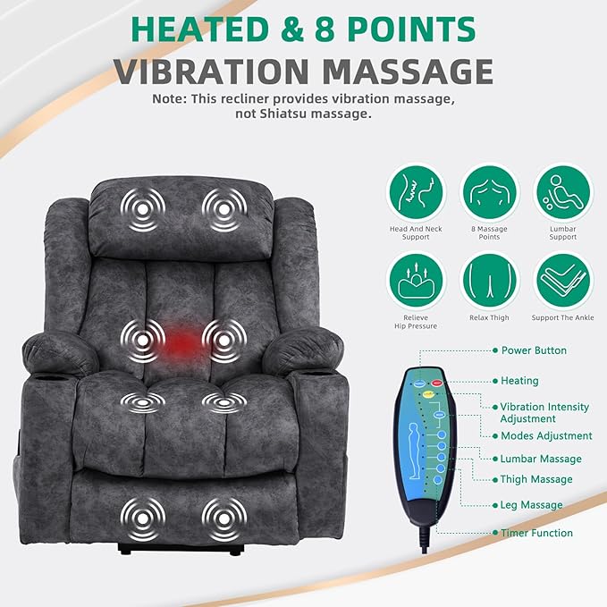 VIVIJASON Tall Man Large Power Lift Recliner Chair with Massage and Heat for Elderly, Overstuffed Wide Electric Lift Recliner w/Extended Footrest, 2 Cup Holder, Side Pockets & USB Ports, Fabric Grey