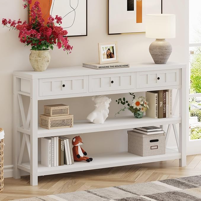 FATORRI Console Table for Entryway, Wood and Metal Sofa Table with 3 Drawers for Living Room, Farmhouse Hallway Tables and Modern Couch Tables Behind Sofa (54.72 Inch Long, White Oak)