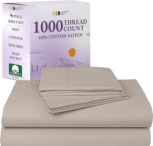 California Design Den King Sheet Set - Luxury 1000 Thread Count Sateen, Thick and Natural 100% Cotton Sheets, Deep Pockets, Soft, Breathable and Durable Bedding Set - Sand Beige