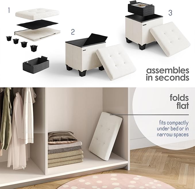 STORAGEBUD Storage Ottoman Cube with Small Bin, 15-in Square Ottoman with Storage for Living Room and Bedroom, Small Ottomans Foot Rest, Velvet Foot Stools Ottomans Max 330lbs, Cream