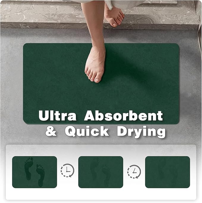 Bathroom Mat Quick Dry, Bathroom Rugs Non Slip Washable Thin Absorbent Bath Mat Fits Under Door Bathroom Floor Mat Perfect for Bath, Shower, or Sink 24"x48" Dark Green