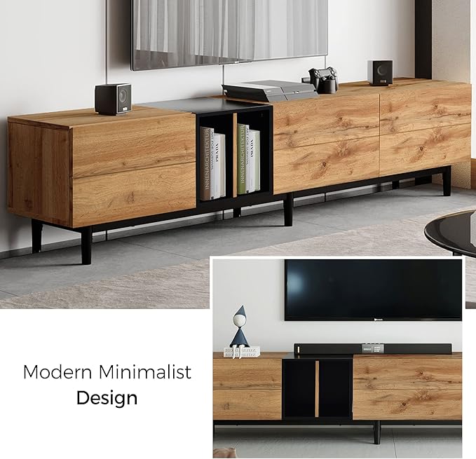 Merax Modern TV Entertainment Center with 3 Cabinets & Open Shelves, Wood TV Stand for TVs Up to 80” for Living Room Bedroom (Natural)