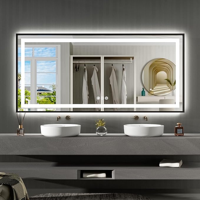 Amorho 60" X30" LED Bathroom Mirror Framed, Front Light and Backlit, Stepless Dimmable, Anti-Fog, Shatter-Proof, Memory, 3 Colors, Double LED Vanity Mirror