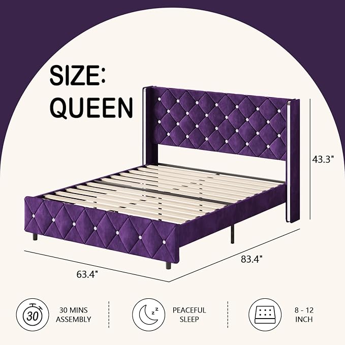 HOMBCK Queen Size Bed Frames with Headboard, Black Velvet Queen Bed Frame with Wingback, Upholstered Bed Frame with Diamond Headboard, Wood Slat Support, No Box Spring Needed, Easy Assembly,Purple