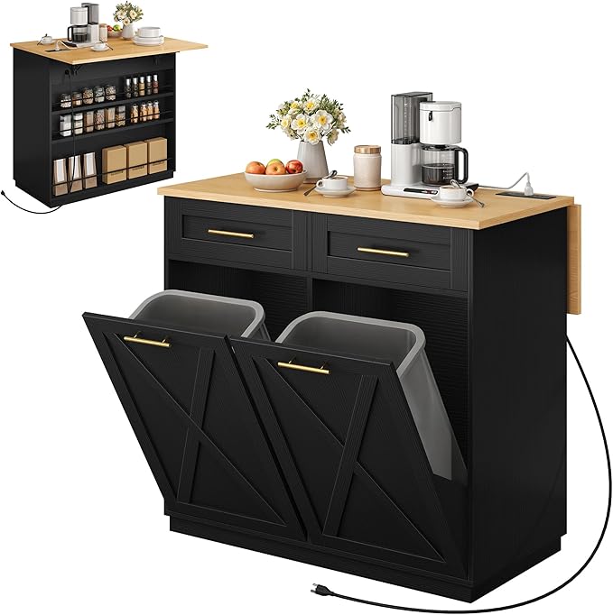 DWVO Kitchen Island with Drop Leaf, 40 Inch Double Tilt Out Trash Can Storage Cabinet with Power Outlet, Mobile Storage Islands on Wheels, Fit Two 10-Gal Garbage Bin, for Kitchen Dining Room, Black