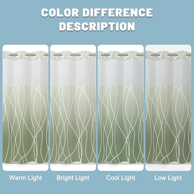 No Hook Ombre Sage Green Striped Shower Curtain with Snap in Liner Set - Hotel Shower Curtain and Liner Set with See Through Mesh Top Window,Machine Washable, 71x74 INCH