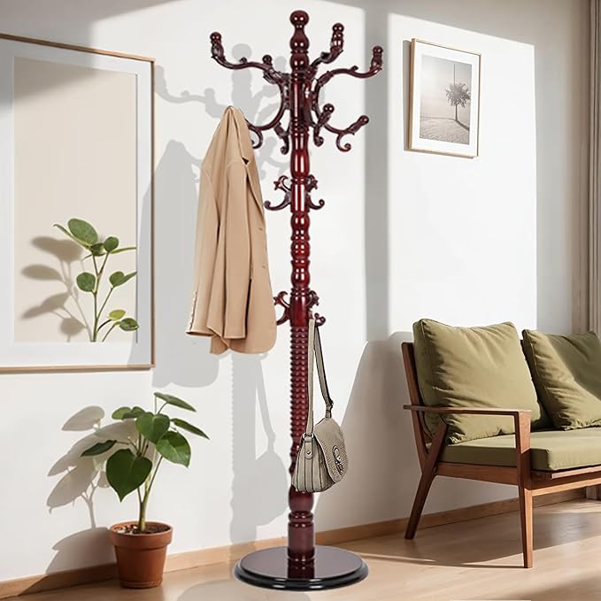73 in Wood Coat Rack, Coat Rack Freestanding with Stable Round Base, Adjustable Height Tree Coat Racks Stand for Home Bedroom Office Hallway Entryway (Redwood)
