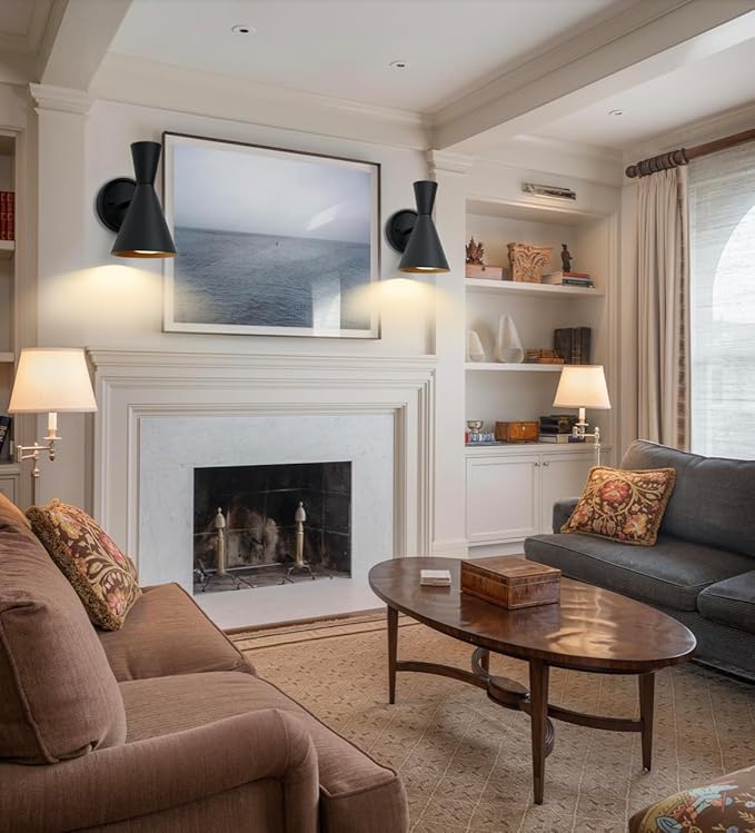 HEQIQEH Modern Battery Powered Adjustable Wall Sconces Light Set of 2 with Flared Funnel Metal Shade, 13 RGB Remote Control Dimmable Wall Mounted Lamp for Galleries, Hallway, Bedroom, Hotels