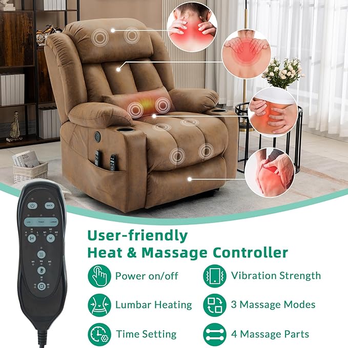 VIVIJASON Tall Man Large Dual Motor Power Lift Recliner Chair with Extended Footrest, Oversized Lay Flat Sleeper Electric Recliner W/Heat & Massage, Lumbar Pillow, USB & Type-C Ports, Brown
