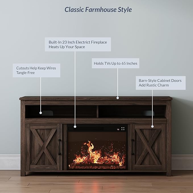 BELLEZE Barn Door Wood Electric Fireplace TV Stand for TVs up to 65 Inches Open Shelves and Cabinets Media Entertainment Center Console Table - Corin (Dark Walnut)