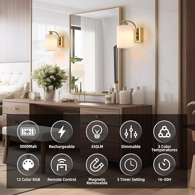 Battery Operated Wall Sconce Set of 2,Gold Rechargeable Wall Lights with Remote Control,15 Colours Wireless Wall Sconce with 3000mAh Dimmable Detachable Bulb for Bedroom, Living Room and Hallway