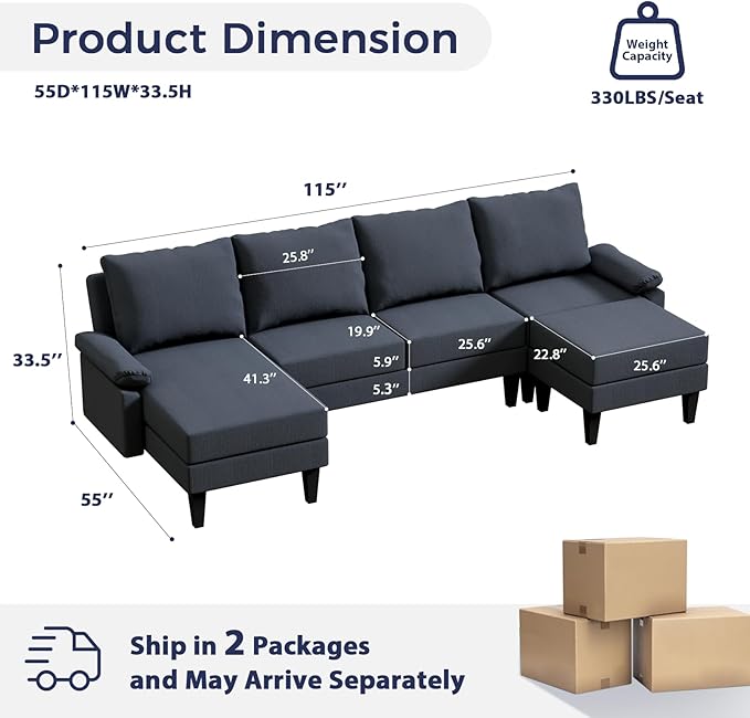U Shaped Sectional Couch, Convertible Modular Sectional Sofa with Chaise & Ottomans, Modern 6 Seat U Shaped Couches for Living Room Apartment, Blue