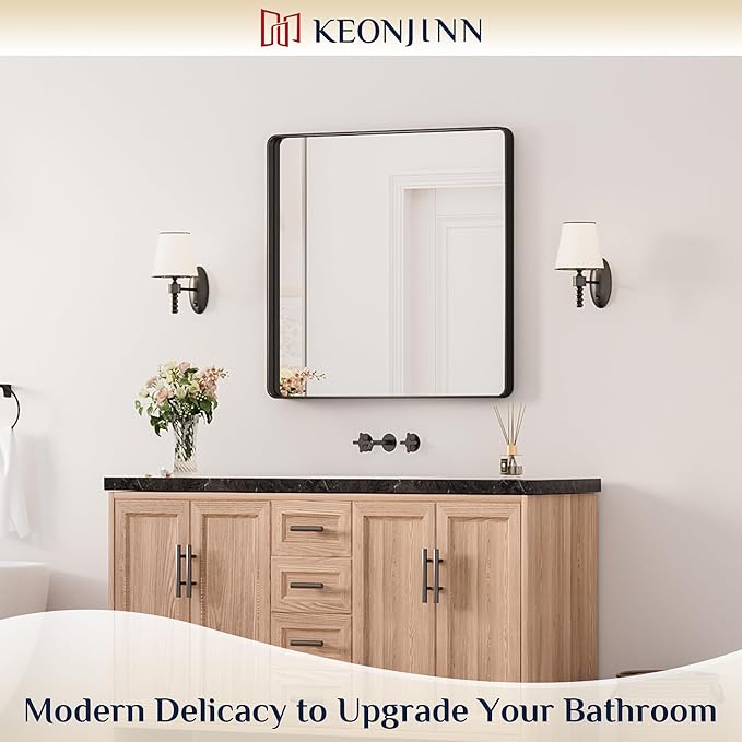 Keonjinn Black Bathroom Mirror for Over Sink, 30 x 30 Inch Rounded Rectangle Bathroom Vanity Mirror for Wall, Matte Black Farmhouse Mirror with Seamless Frame, HD Tempered Glass(Horizontal/Vertical)