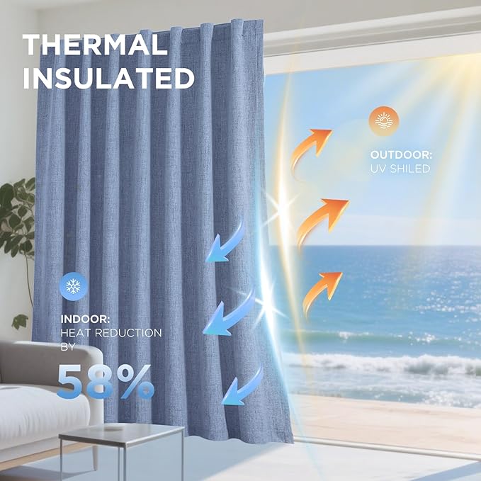 Joydeco 100% Blackout Curtains for Bedroom - Natural Linen Curtains 108" L Long, Thermal Insulated 2 Panels Sky Blue Light Blocking Drapes, Rod Pocket & Back Tabs, Darkening Privacy for Living Room