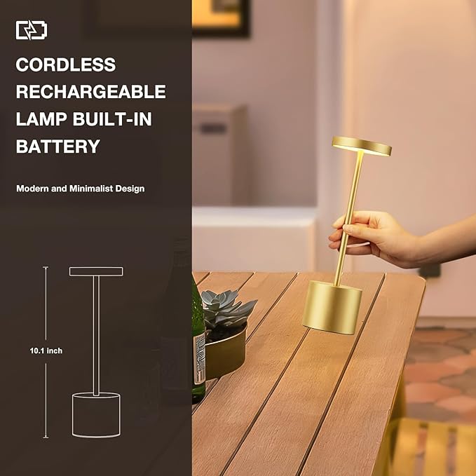 Kakanuo Gold Cordless Lamp Set, Rechargeable Lamps, 3 Color Temperature, LED Outdoor Wireless Lamp, Battery Operated Lamps, Stepless Dimmable, Touch Control
